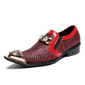 S Elegante mannen Casual Boat Red Metal Toe Charm Rhinestone Fashion Dress Shoes Party ToL To