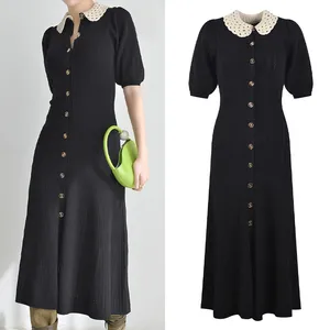 S Family Style français petite robe parfumée Sandro col de poupée manches bulles longue robe longue tricotée pour enfants 23 début d'automne nouveau col polo petite robe parfumée coupe ajustée