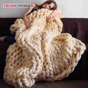 S Mode Hand Made Dikker Merinowol Dik Big Yarn Roving Geknakte Warm Throw -deken voor Sofa Plaid Cover W0408