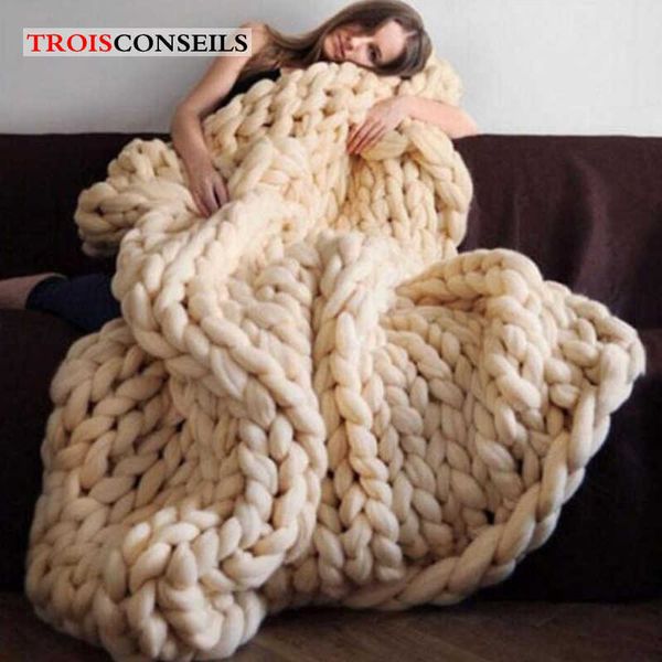 s Moda hecha a mano Chunky Merino Wool Thick Big Yarn Roving Knitted Warm Throw Manta para sofá Plaid Cover W0408