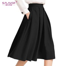 S.Sbevel nieuwe elegante vrouwen wijd uitlopende geplooide rokken mode Hoge taille massieve rok met zakken Casual losse rok faldas 210331