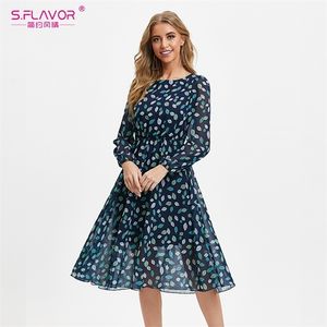 S.FLOGE Vintage Bladeren Print Boheemse Sundres Boho Chiffon Lange Mouw Een lijn Jurk O Neck Summer Beach Vestidos 210623