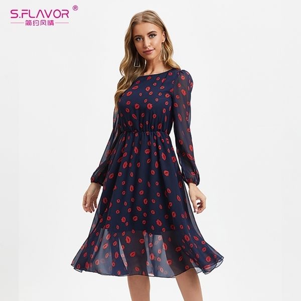 S.FLAVOUR Femmes Rouge À Lèvres Imprimé Robe En Mousseline De Soie Automne Hiver Mode À Manches Longues Robe Décontractée Bohème Plage Midi Vestidos 201027