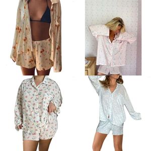 S Lenceria Sleepwear y K stuk pama ingesteld voor vrouwen schattige bloemen fruit print lange mouw button shirt zijkant split shorts outfits leepwear et leevee hirt ide plit horts