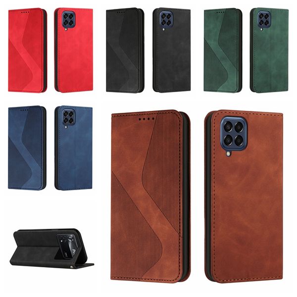 S Line Skin Feel Étuis portefeuille en cuir pour Samsung S23 Ultra Plus A14 A73 A23 M33 M53 Xiaomi 12T Pro 13 5G A1 Moto E22S G72 Suck Stong Fermeture magnétique Porte-carte Flip Cover