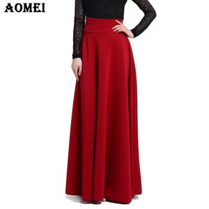 S M L Hoge Taille Plooit Elegante Rok Wijn Rood Zwart Effen Kleur Lange Rokken Dames Faldas Saia 5XL Plus Size Dames Jupe 210416