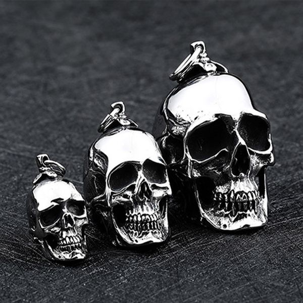 Collier pendentif en acier inoxydable pour hommes, S/M/L, motard gothique, grande tête de crâne lourde avec chaîne à billes