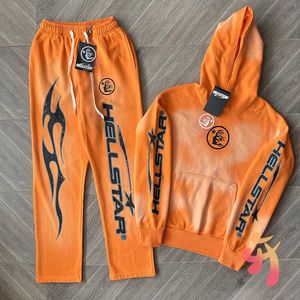 Heren Hoodies Sweatshirts Straat Hellstar Hoodie Oranje Set Hoge kwaliteit katoen Vlam Bliksem Letter Capuchon Oversized Heren Dames Hoody