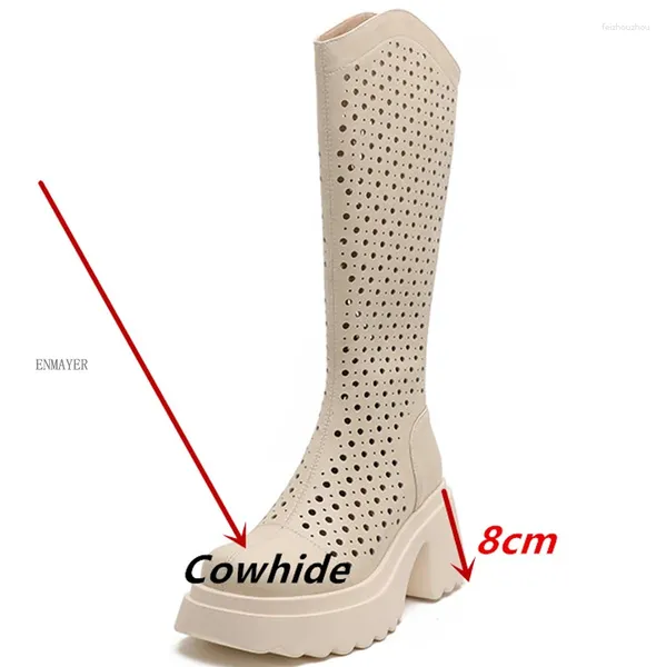 s sandals enmayer agujero redondo panel de malla transpirable Botas altas de rodilla para mujer Cabeza hueca espesa con cremallera estilo romano sandalia de verano