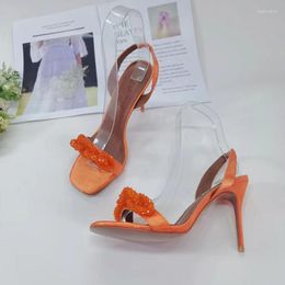 S Sandalias Pink Dinestone Woman Open Toe Orange Satin Slingback Tisos altos Lady Sandal de sándalo de sándalo Rinetona zapato