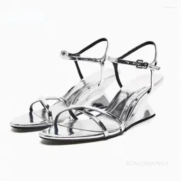 S Sandalen Wedges High Heels Metallic Sliver Bling For Women Smal Band Buckle Strap Sexy Brand Shoes Open Teen Summer Party Sandaal Wedge Heel Shoe