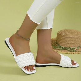 S Sandales Femmes tressé Détails Slide Couleur solide Open Toe Chaussures plates décontractées Summer Beach Shoe Caual