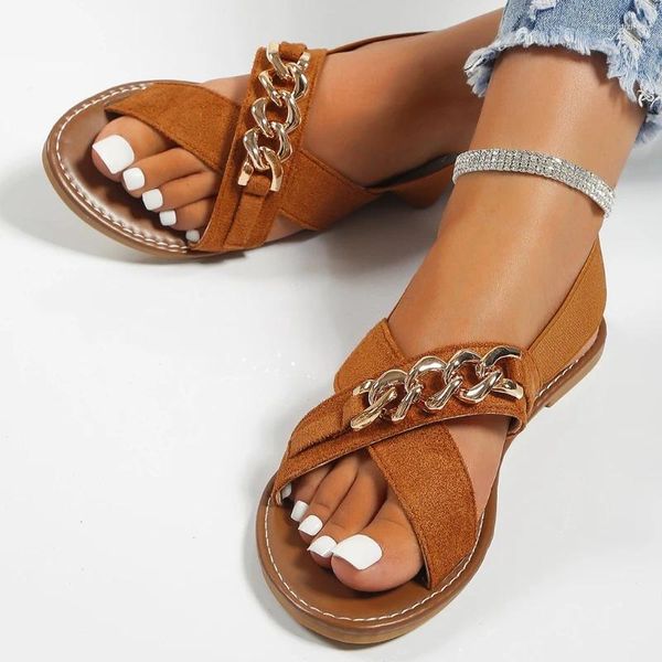 S Sandals Femmes Open Toe Flat 2024 Summer Roman Metal Chain Casual Slides Slides Chaussures pour femmes Sandale féminine Extérieur