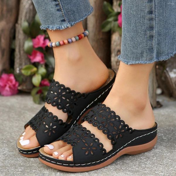 S Sandalias Summer de mujeres 2024 zapatos para mujeres gruesas cuña sola flor de moda hueco una pierna cómoda sandalia 'zapato fahionable