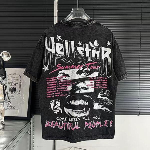 S camisetas hip hop hop hellstar crack retrat estampado gráfico diseño de lavado vintage camiseta 2023 hombres streetwear thish 230410