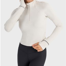 S Korte Half Zip Yoga Lange mouwen Shirts Gym slijtage Tops Verticale geribbelde stof 2.0 Hoge elastische reflecterende strip sportjas dames039