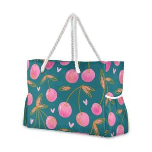 s Sweet Red Rip Cherry Berries On Green Ladies Shoulder Pliable Shopping Fashion Nylon Beach Bag Sac à main 220310