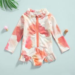 S peuter Baby Girls Summer Tie Dye Printing Swimsuit Mooie baby Beachwear Ruches Ruches lange mouwen zwemblaasjes Kinderkleding 230106