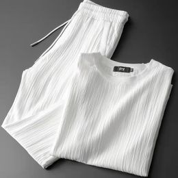 S Survêtements Ice Silk Costume Hommes 2023 Été T-shirt Pantalon Deux Pièces Ensemble Mince Sport Casual Mâle Mode Pantalon De Survêtement Plus Taille 230522