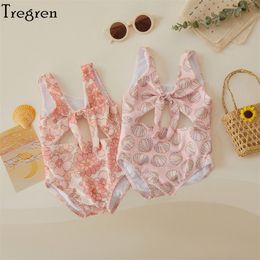 S Trigren Toddler Baby Girls Swimwear Zomer Mouwloze bloemenschaal afdrukken Holle badpak Zwembad Spring Swimsuit 230407