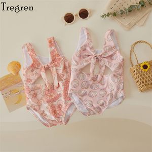 S Trigren Toddler Baby Girls Swimwear Zomer Mouwloze bloemenschaal afdrukken Holle badpak Zwembad Spring Swimsuit 230407