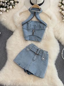 S Pantalon de deux pièces Deat Femmes Halter Backless Sexy Sexy Denim Top Hig Shorts Set Temperament Fashion Spring Summer 2023 11d10231 230109