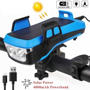 S Upgraded Multifunction 4 in 1 Bicycle Solar Power USB Recharegable Bike Light 4000mAh Cycling Telefoonhouder Lamp met hoorn 0202