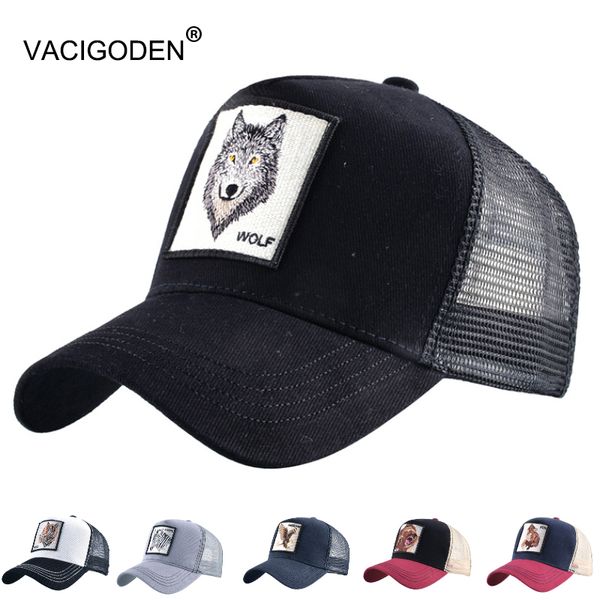 S Vacigoden Animal Broidery Mesh Baseball Cap Wolf Hiphop Trucker Hat Tiger Men Femmes Breathable Streetwear Gorras 230811