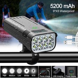 S étanche 8 LED avant vélo USB Rechargeable 5200 mAh batterie affichage de puissance numérique lumière de vélo 5 Modes lampe de cyclisme vtt 0202