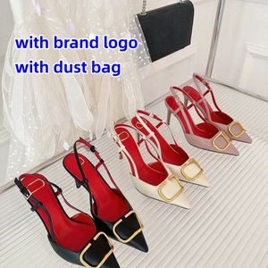 S Sandales féminines Designer High Heels Brand Metal Buckle 4cm 6cm 8cm 10cm Talon mince pointu pointu noir Nude Red Wedding Chaussures Taille 35-44