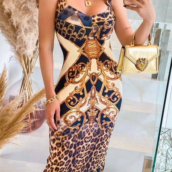 S XL été femme Sexy mode sans manches guépard écharpe imprimer Colorblock robe mi-longue jaune léopard débardeur serré fête Club 220613