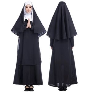 S-XXL Volwassen dames priester Missionarissen Zuster Nun Costume Headscarf Robe voor feestcosplay Stage Performance Halloween 240325