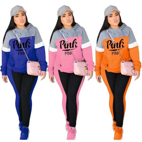 S-XXXL Mujeres Chándales Conjunto de dos piezas Diseñador Impresión de letras Bloque de color Empalme Suéter con capucha Leggings Moda para mujer Trajes casuales 3 colores