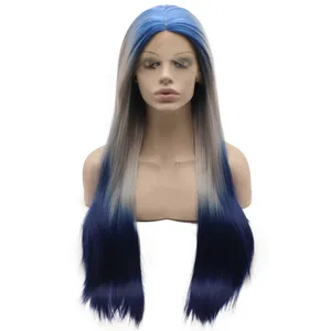 Longue perruque ombrée grise et bleue soyeuse, droite et respectueuse de la chaleur, perruque synthétique à deux tons