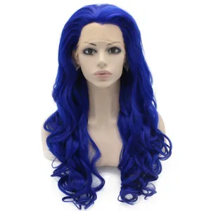 Perruque Lace Front Wig synthétique ondulée bleue, cheveux longs, à la mode, pour dames, perruque de fête Cosplay