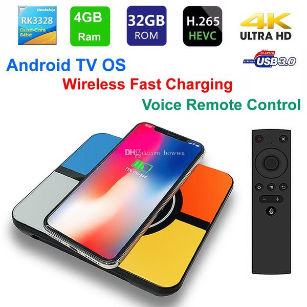 S10 Plus Smart TV BOX Charge rapide sans fil Android TV OS RK3328 Quad Core 4 Go 32 Go WIFI 3D 4K USB3.0 avec télécommande vocale