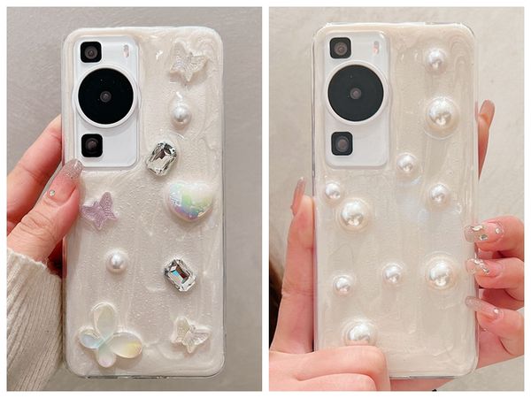 S24 3D Butfly Beads Case pour iPhone 15 Plus Pro Max 14 13 12 Samsung S23 Fe Ultra Huawei P60 P50 MATE 60 50 FOLIL LOOD COEUR HARD PLY PLASTIQUE ACRYLIQUE TPU MOBILE COUVERTURE