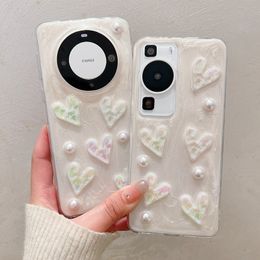 S24 3D Love Heart Fundas para Iphone 15 Pro Max 14 Plus 13 12 Samsung S23 FE Ultra Huawei P60 P50 Mate 60 50 Cuentas Lámina Moda PC dura Plástico Acrílico TPU Cubierta del teléfono móvil