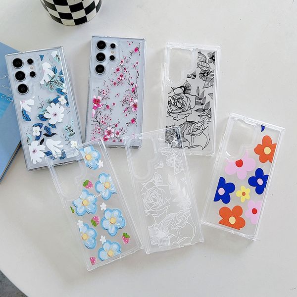 S24 Étuis à fleurs pour Samsung A15 A25 A35 A55 A14 S23 Ultra S22 Plus A24 A34 A54 A13 A33 A53 A73 Iphone 15 14 13 12 11 Rose Blossom Soft TPU Clear Floral Housse de téléphone antichoc