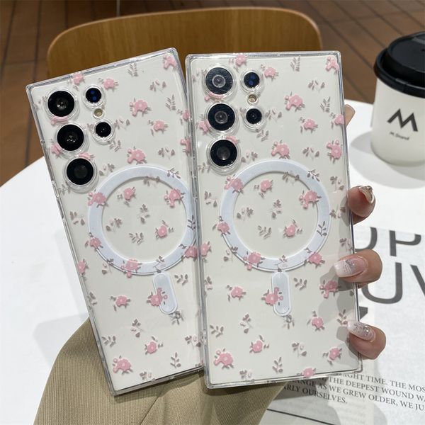 Étuis de chargement sans fil magnétiques S24 Flower pour iPhone 15 Pro Max 14 Plus 13 12 11 Samsung S23 Ultra S22 Note 20 Clear Floral Soft TPU Fine Hole Magnet Phone Back Cover