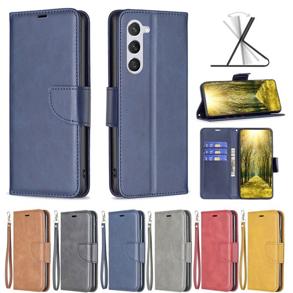 S24 Étuis portefeuille en cuir rétro à grain de mouton pour Samsung S24 Plus A05 A05S A35 A55 A15 S23 FE A25 Support de fente pour carte d'identité de crédit Pochette à rabat pour hommes Pochette avec sangle