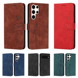 S24 Smile Heart Love Fundas tipo billetera de cuero para Samsung A05 A05S A15 A25 Ultra Plus Xiaomi 14 Pro Redmi 13C 13T Cash ID Titular de la tarjeta de crédito Flip Cover Bolsa a prueba de golpes Correa