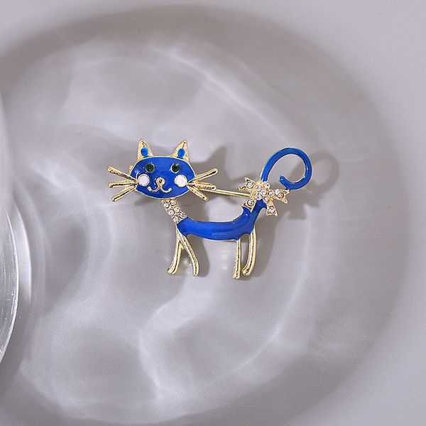 S2706, joyería de moda, broche de gato de dibujos animados, diamantes de imitación, pasador de pecho de gato azul, accesorios para mujer