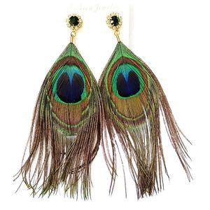 Pendientes colgantes Retro de joyería de moda S2778 para mujer, pendientes de plumas de pavo real con borlas