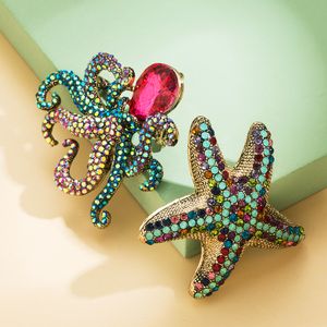 S2892, joyería de moda, broches elegantes para mujer y niña, broche colorido con incrustaciones de diamantes de imitación de cristal, bonito broche de estrella de mar y pulpo