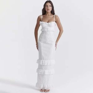 S32163 Dames Nieuwe sexy met witte haken Suspender Lange rok, Slim Fit Franse jurk 972247