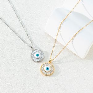 S3364 bijoux de mode plaqué or rond Zircon mauvais œil pendentif collier pour femmes yeux bleus colliers ras du cou