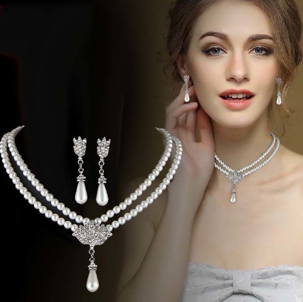 S3538 soirée mariée ensemble de bijoux de mariage pour les femmes exquis strass fausse perle goutte d'eau pendentif collier de perles avec boucles d'oreilles