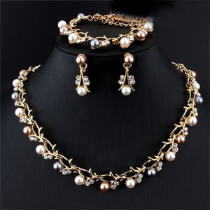 S3782 New Europe Fashion Jewelry Set Party Party Women's Faux's Faux Pearl Righestone Branch Collier Bracelet avec boucles d'oreilles 3PCS / SET