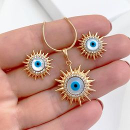 S3785 mode turc mauvais œil ensemble de bijoux pour les femmes soleil strass yeux bleus pendentif collier avec boucles d'oreilles 2 pièces/ensemble